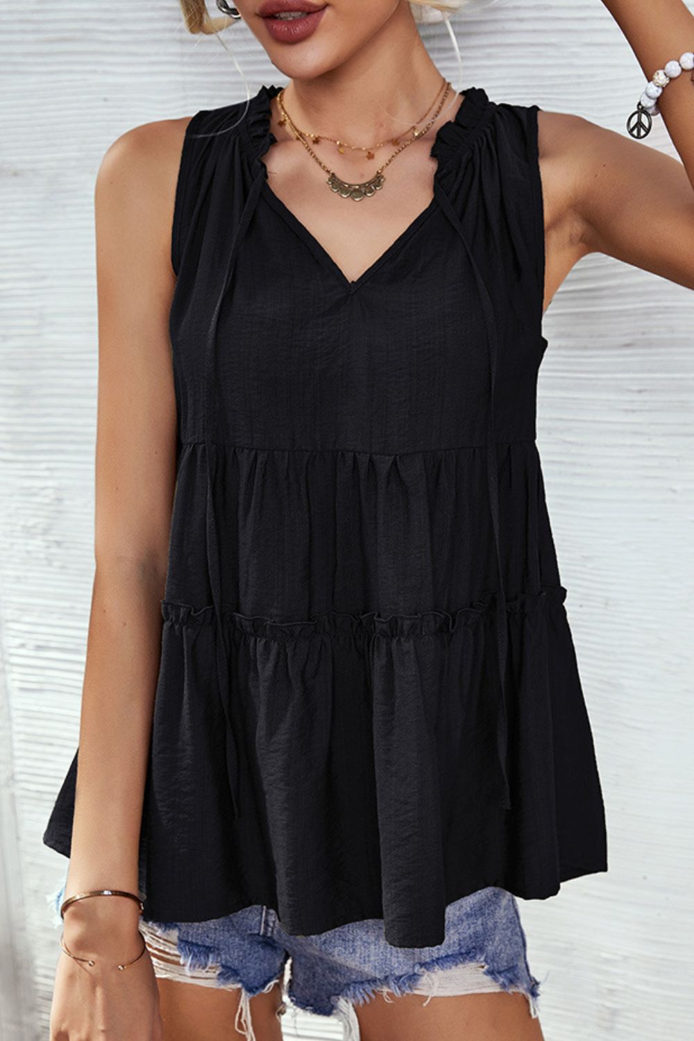 Tie Neck Frill Trim Sleeveless Babydoll Top