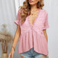 Swiss Dot Deep V Flounce Sleeve Blouse
