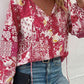 Patchwork Buttoned Tie-Neck Balloon Sleeve Blouse