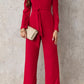 Belted Long Puff Sleeve V-Neck Jumpsuit