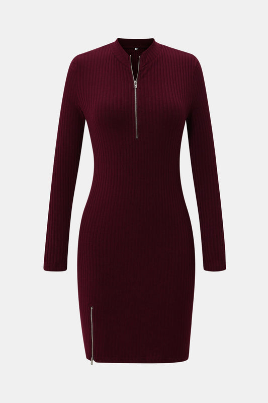 Quarter Zip Rib-Knit Dress