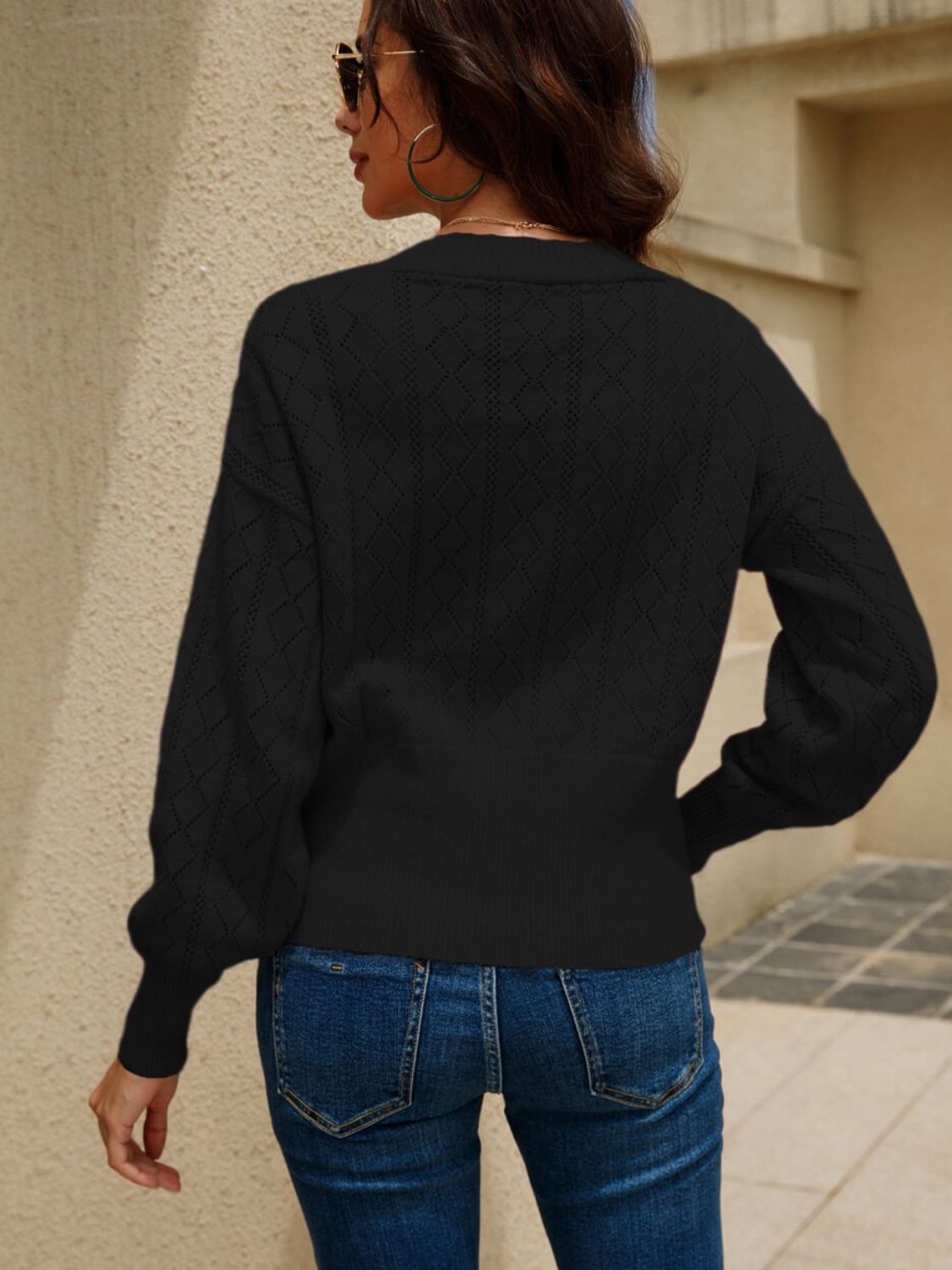 Button Front V-Neck Openwork Cardigan
