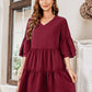 V-Neck Three-Quarter Flounce Sleeve Tiered Dress