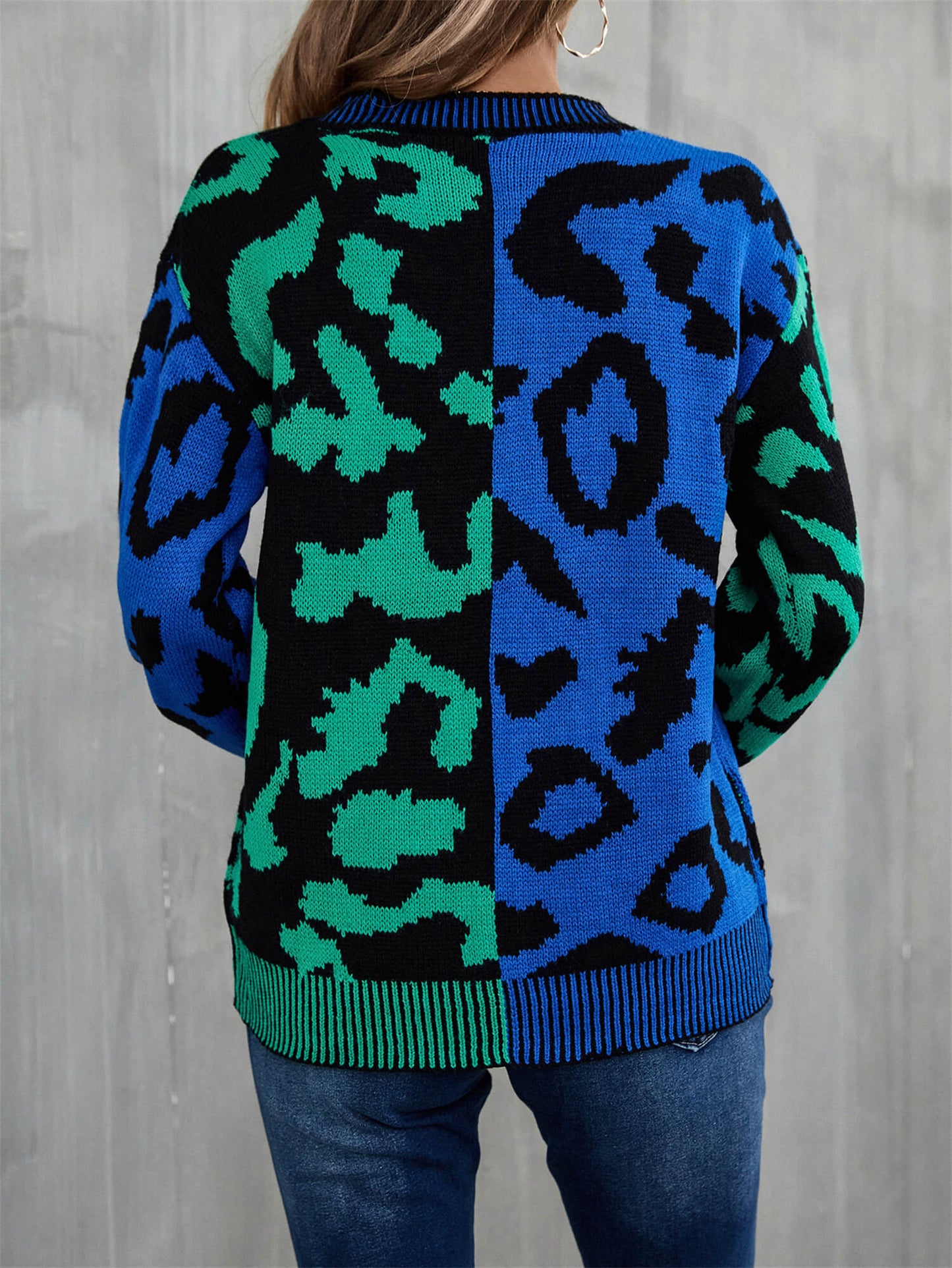 Cozy Weekends Leopard Ribbed Trim Dropped Shoulder Sweater