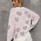 Heart Print Pearl Detail Fuzzy Sweater