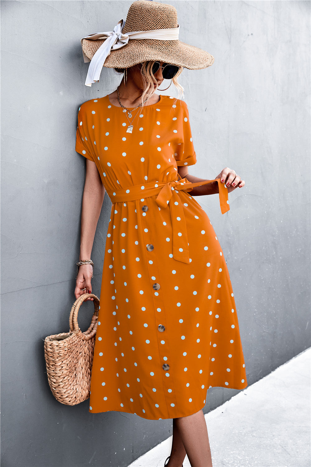 Polka Dot Round Neck Dress with Pockets