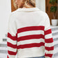 Striped Johnny Collar Dropped Shoulder Sweater
