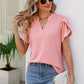 Pom-Pom Trim Petal Sleeve Notched Neck Top