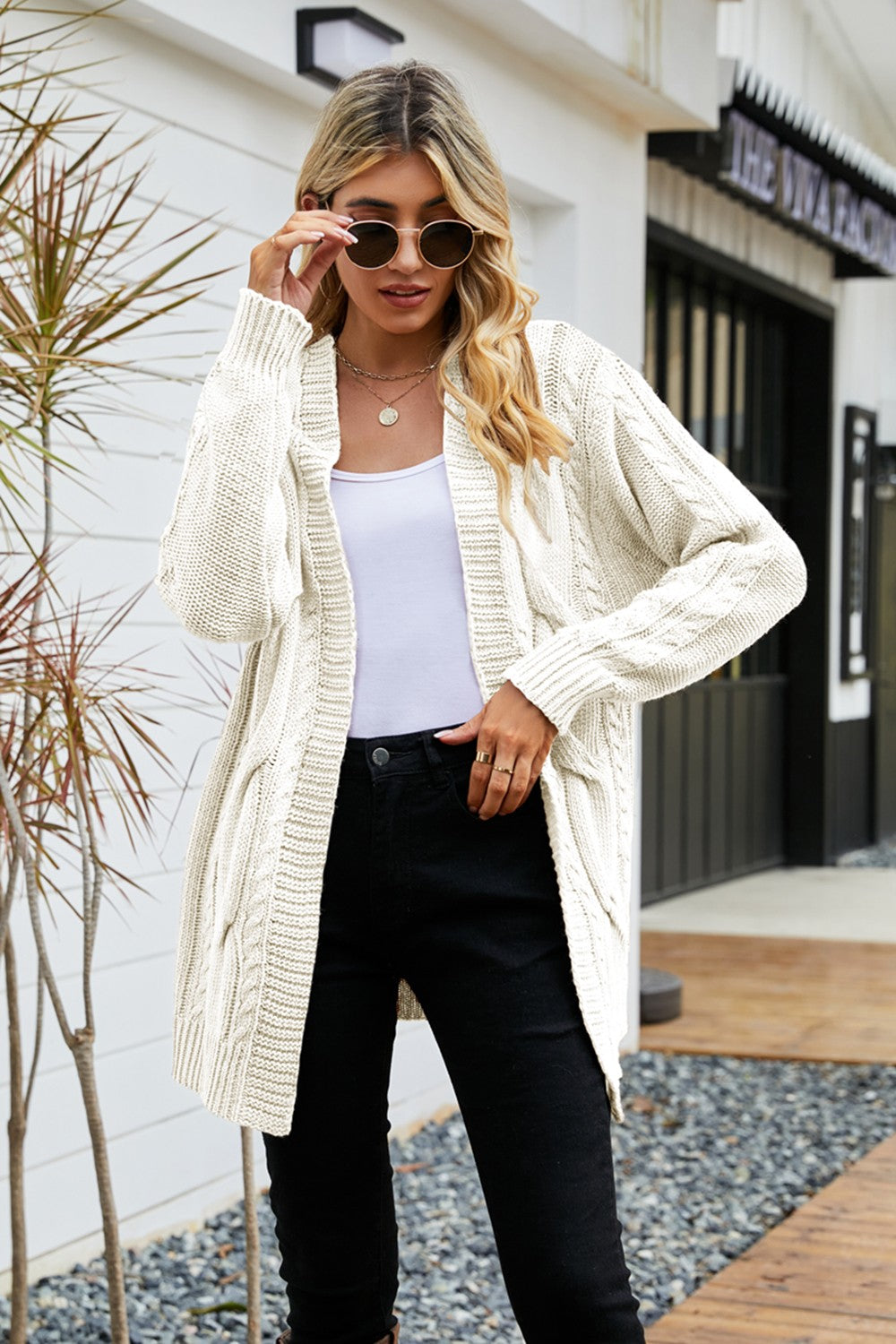 Ribbed Trim Cable-Knit Drop Shoulder Cardigan