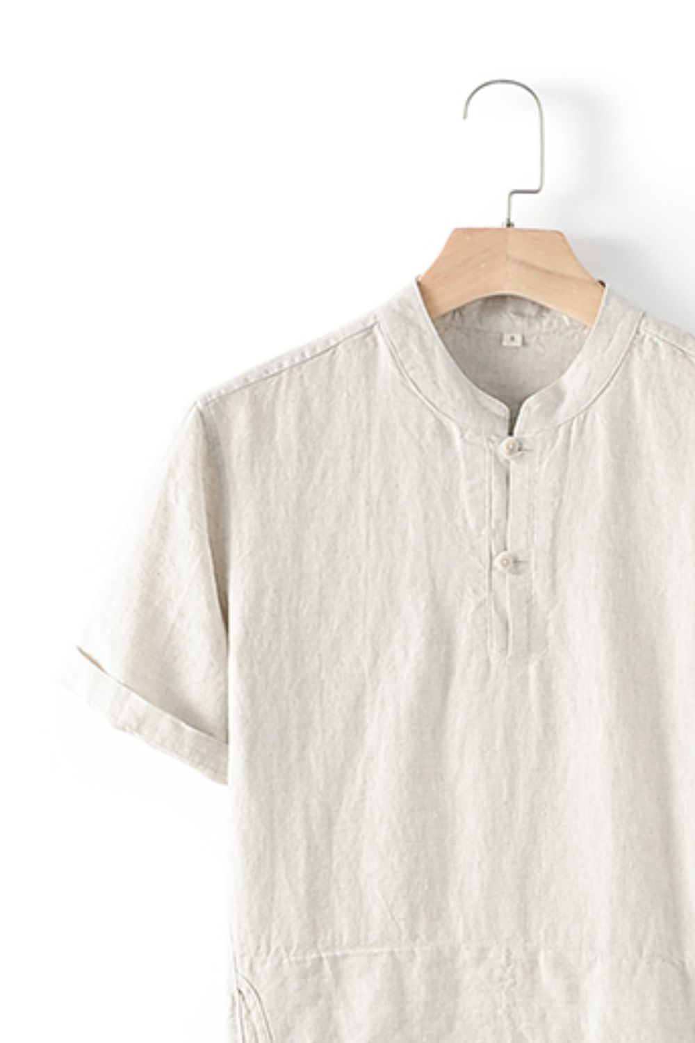 Buttoned Round Neck Short Sleeve Linen Tee