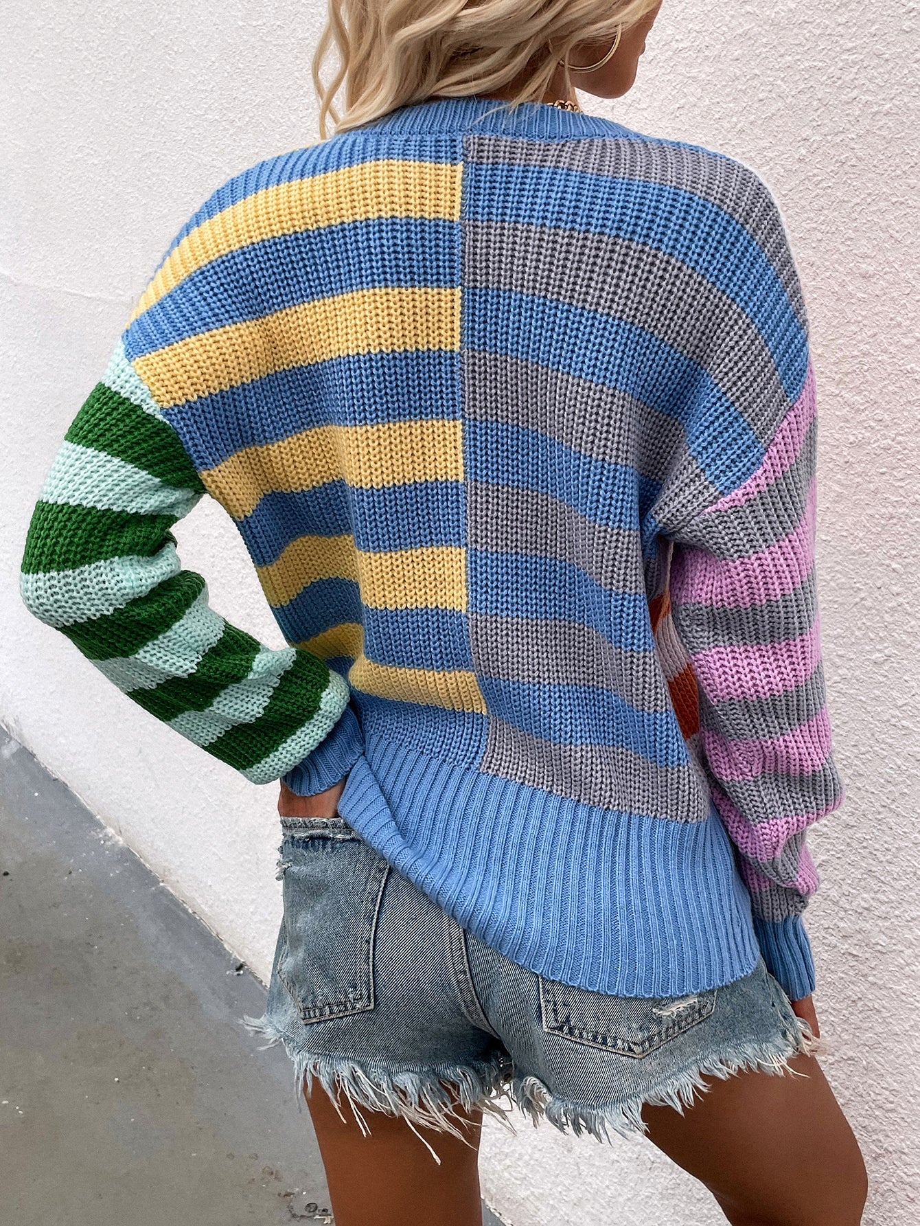 Split Stripes Rib-Knit Sweater