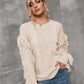 Mixed Knit Fringe Detail Round Neck Sweater