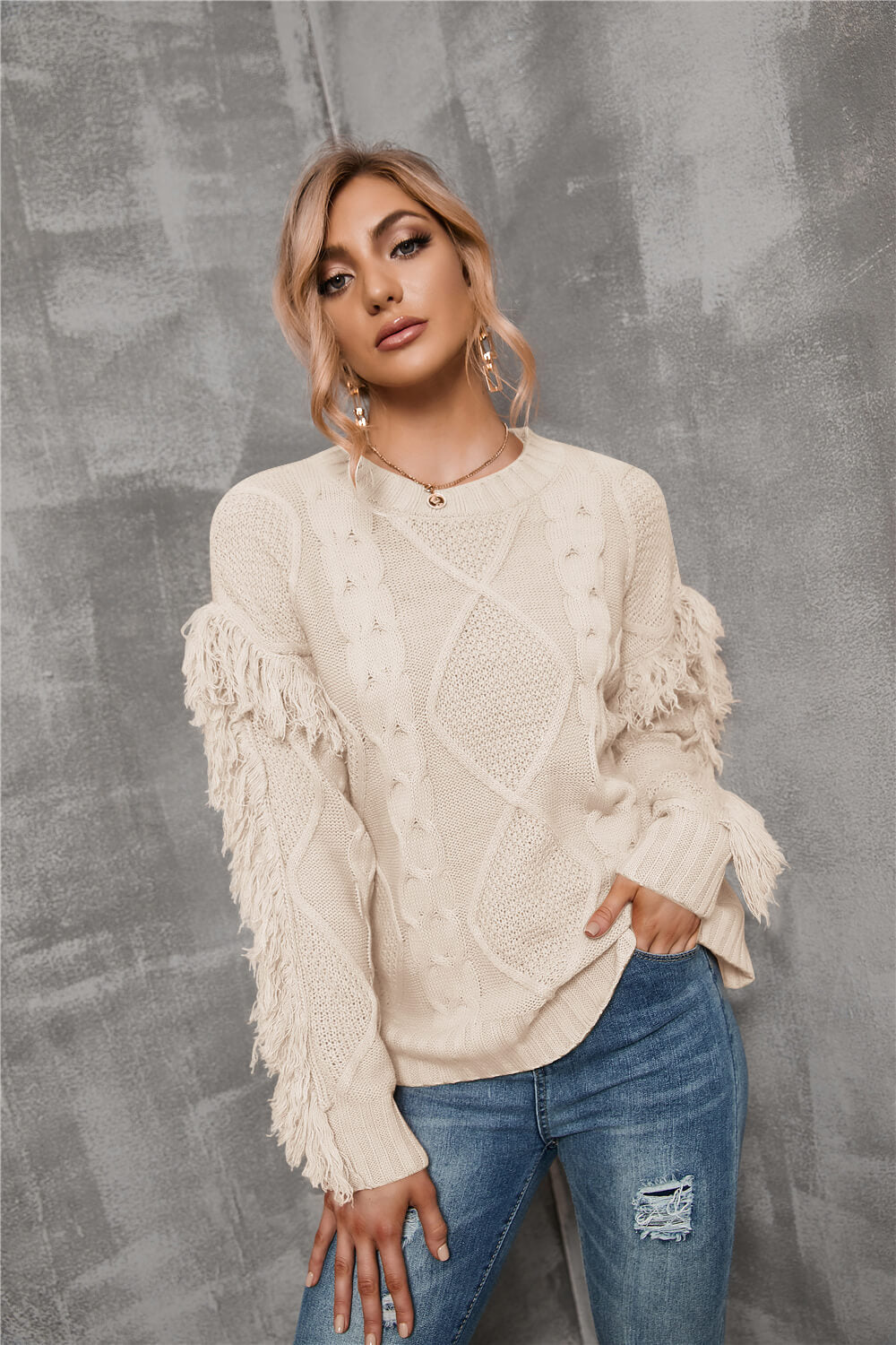 Mixed Knit Fringe Detail Round Neck Sweater