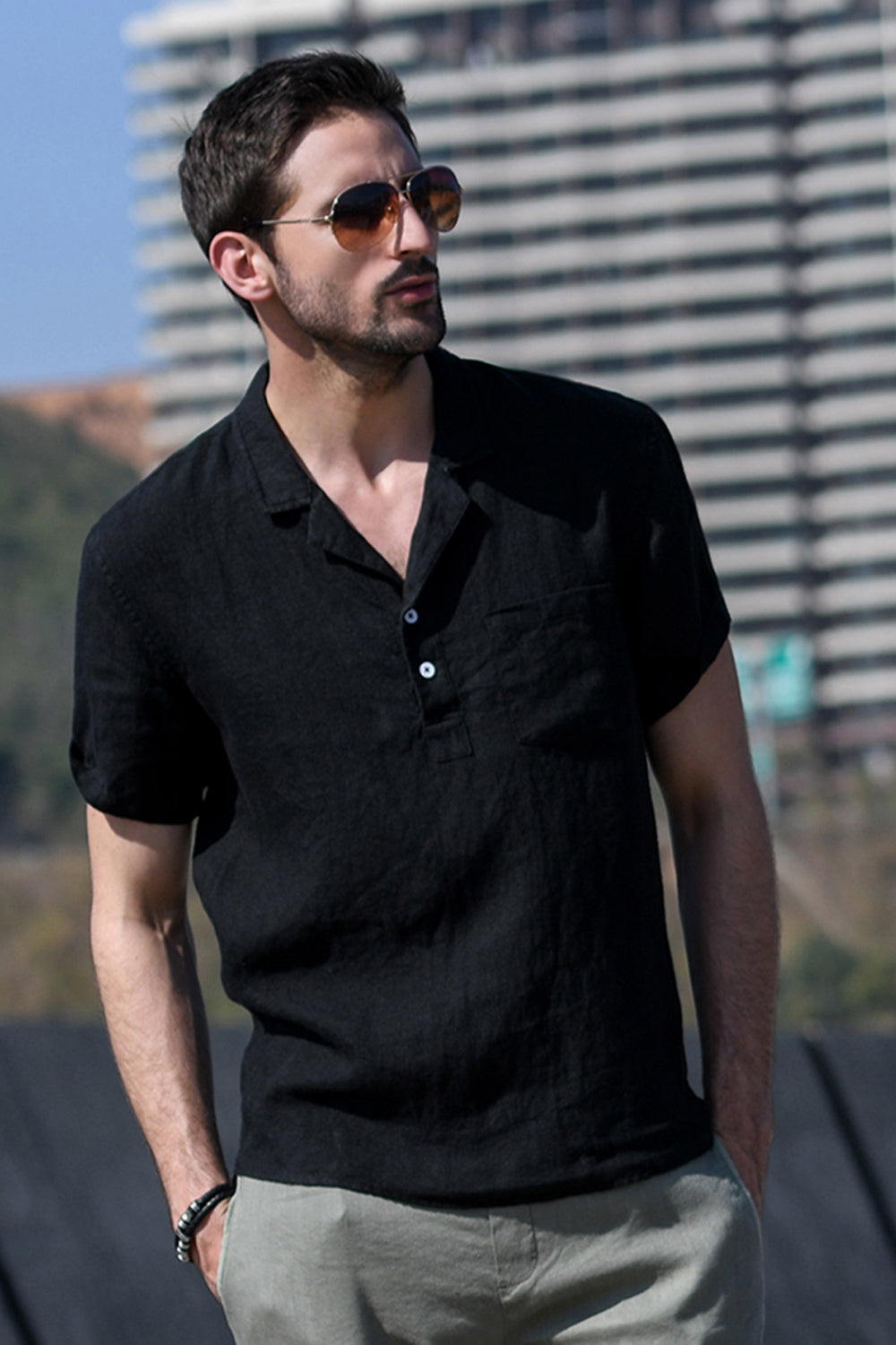 Buttoned Lapel Collar Pullover Shirt
