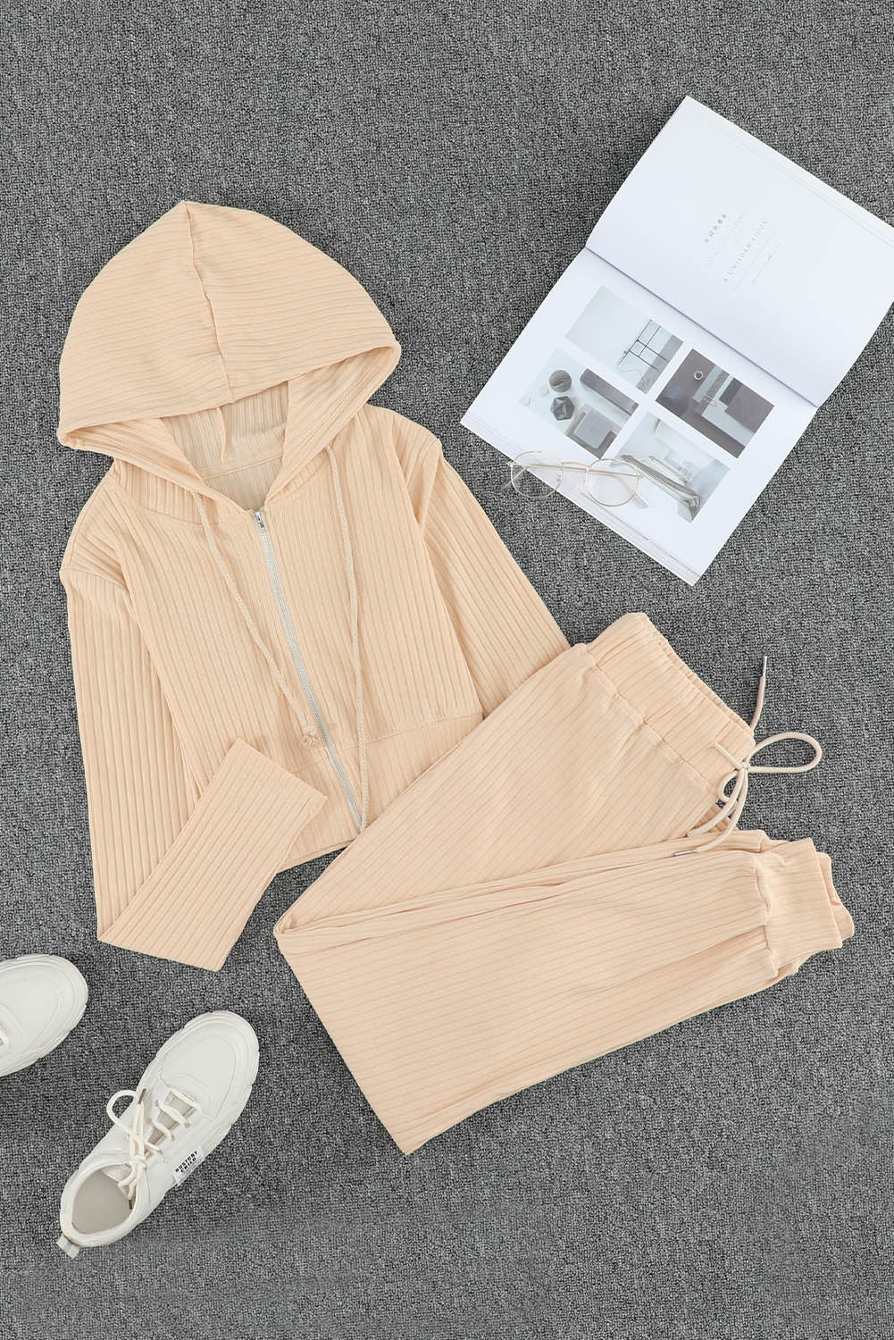 Zip-Up Ribbed Hoodie and Joggers Lounge Set