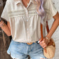 Button Front Lace Trim Curved Hem Blouse