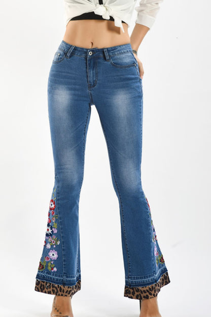 Full Size Leopard Floral Embroidered Flare Jeans