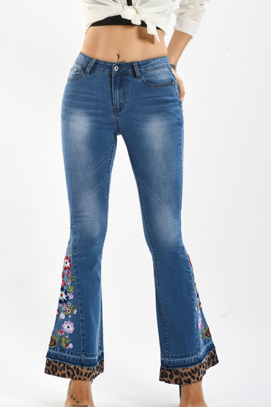Full Size Leopard Floral Embroidered Flare Jeans
