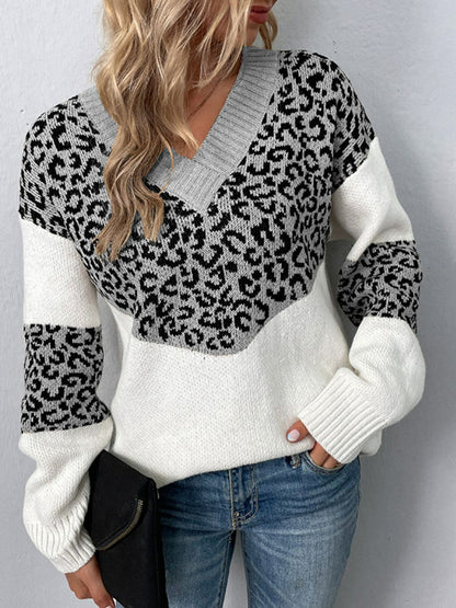 Leopard Color Block V-Neck Ribbed Trim Sweater