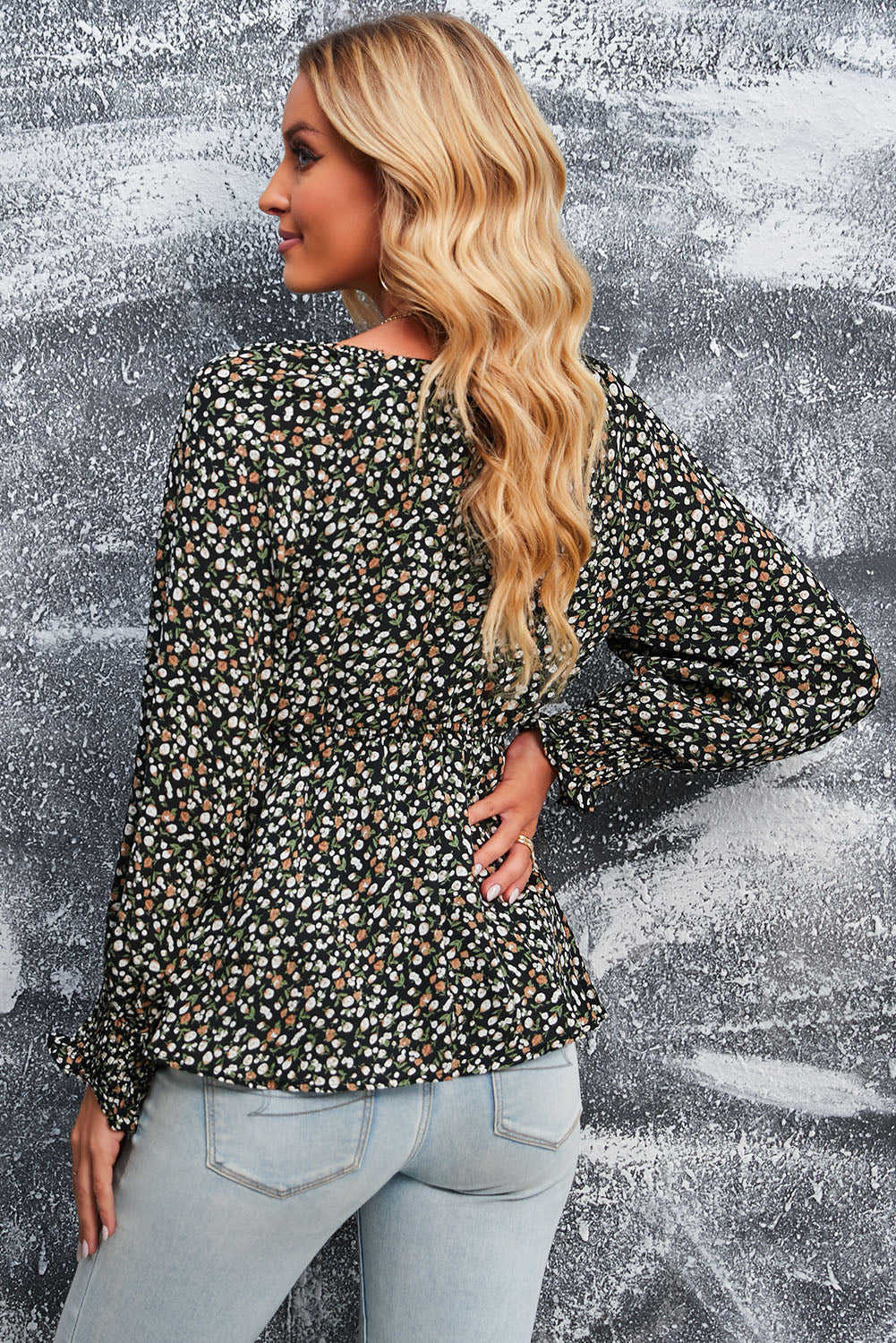 Floral Deep V Tied Peplum Top