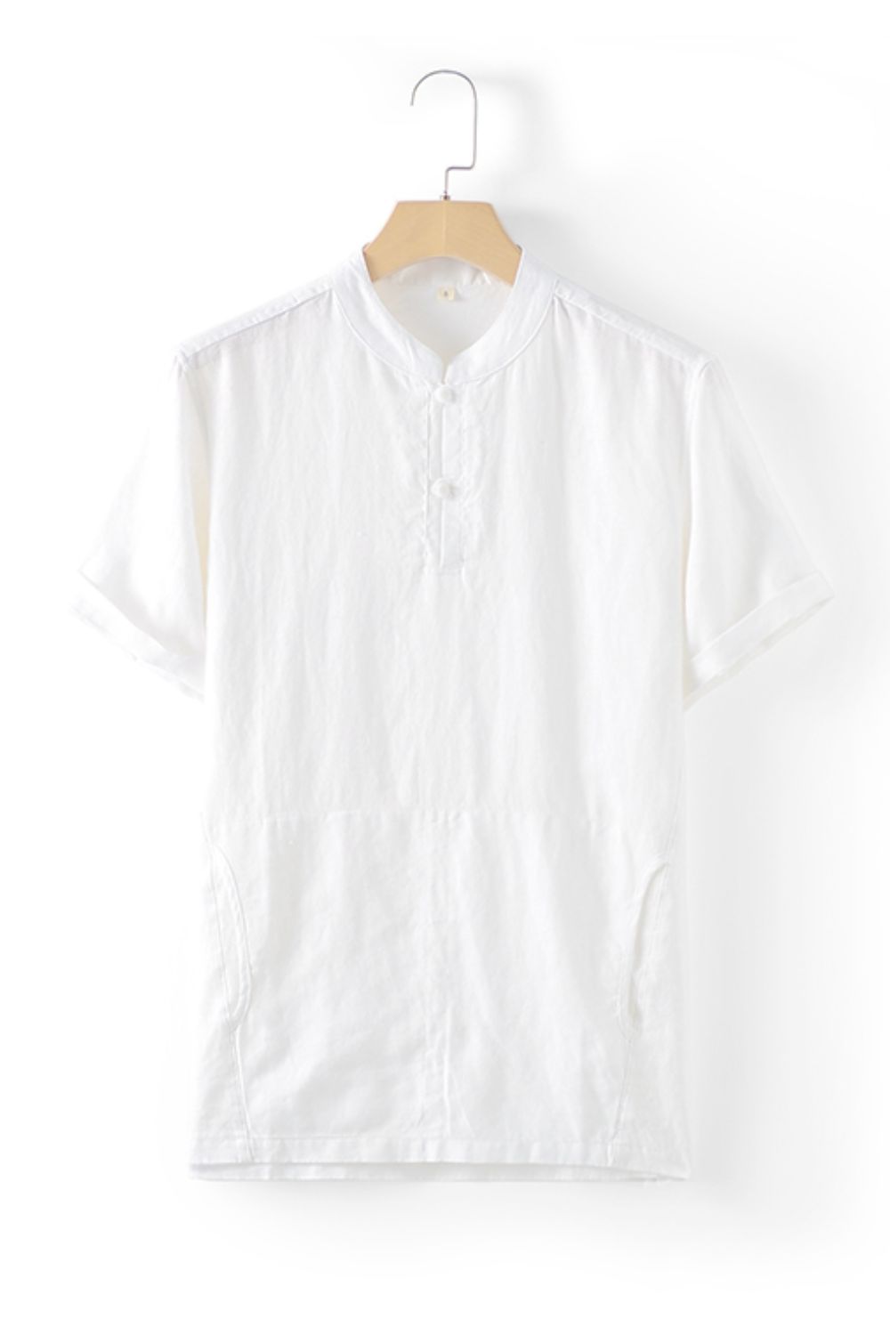 Buttoned Round Neck Short Sleeve Linen Tee