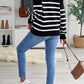 Striped Button Detail Mock Neck Sweater