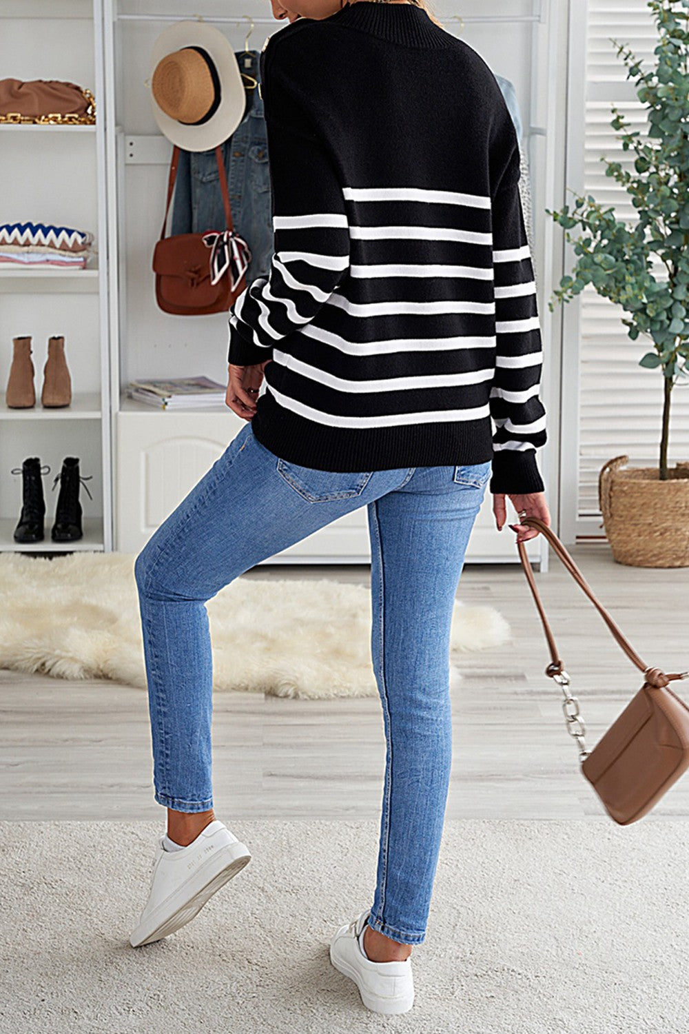 Striped Button Detail Mock Neck Sweater