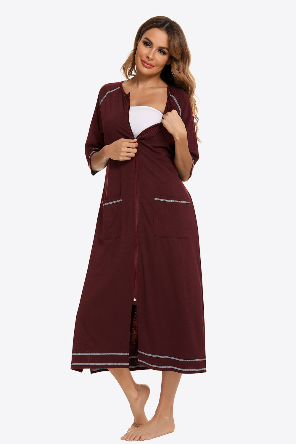 Zip Up Slit Night Dress with Pockets