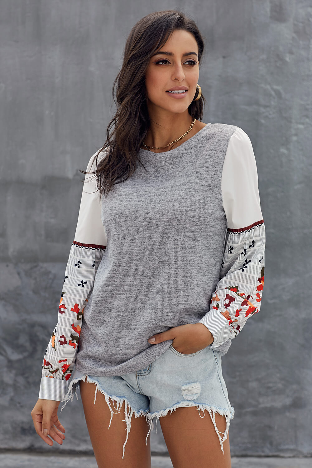 Printed Color Block Bubble Sleeve Sweatshirt