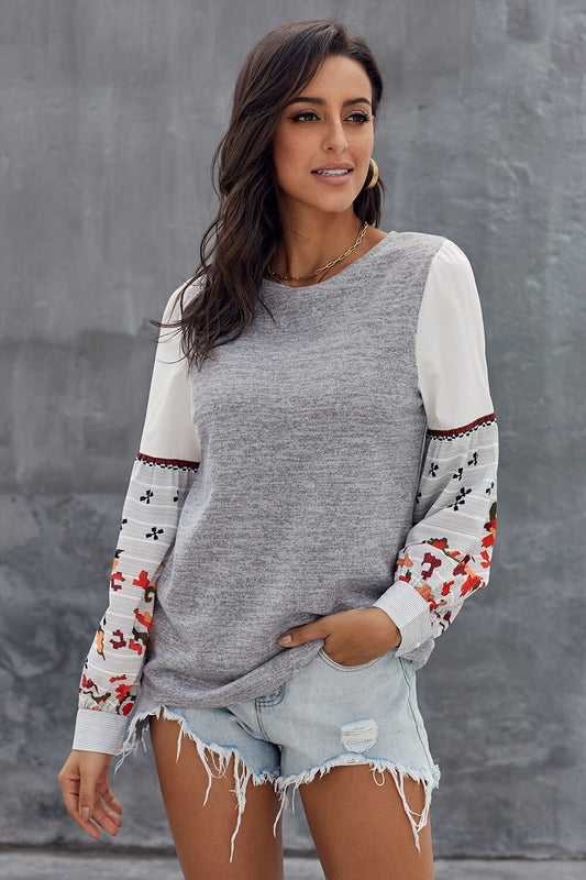 Printed Color Block Bubble Sleeve Sweatshirt