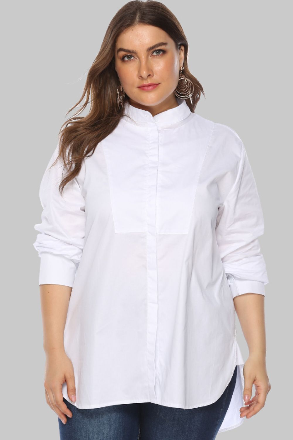 Full Size Button Front Band Collar Long Sleeve Shirt