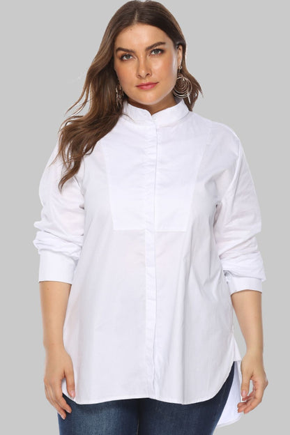 Full Size Button Front Band Collar Long Sleeve Shirt