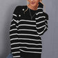 Striped Button Detail Round Neck Sweater
