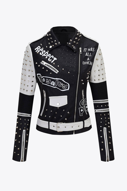 Full Size Contrast Letter Print Studded PU Leather Jacket