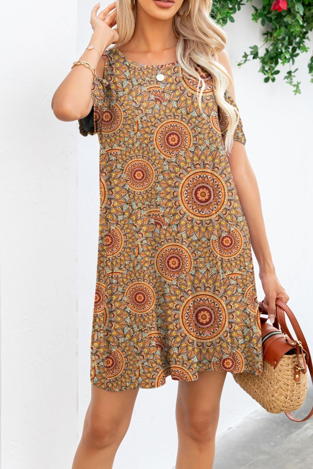 Printed Round Neck Cold-Shoulder Dress