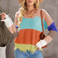 Color Block Distressed V-Neck Ribbed Sweater