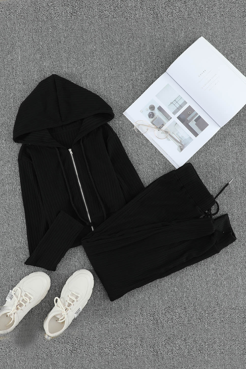 Zip-Up Ribbed Hoodie and Joggers Lounge Set