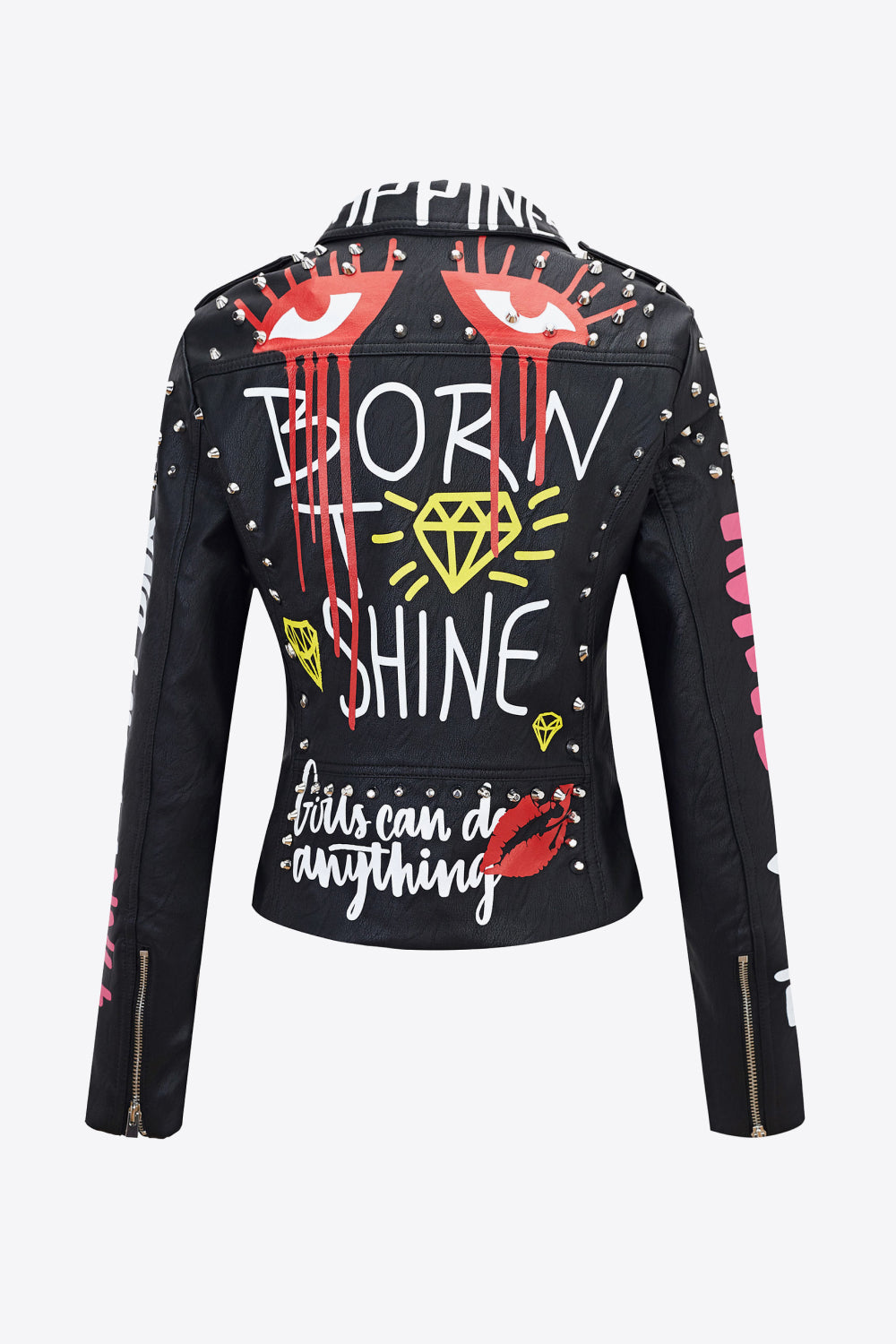 Full Size Printed Zip Up PU Leather Jacket