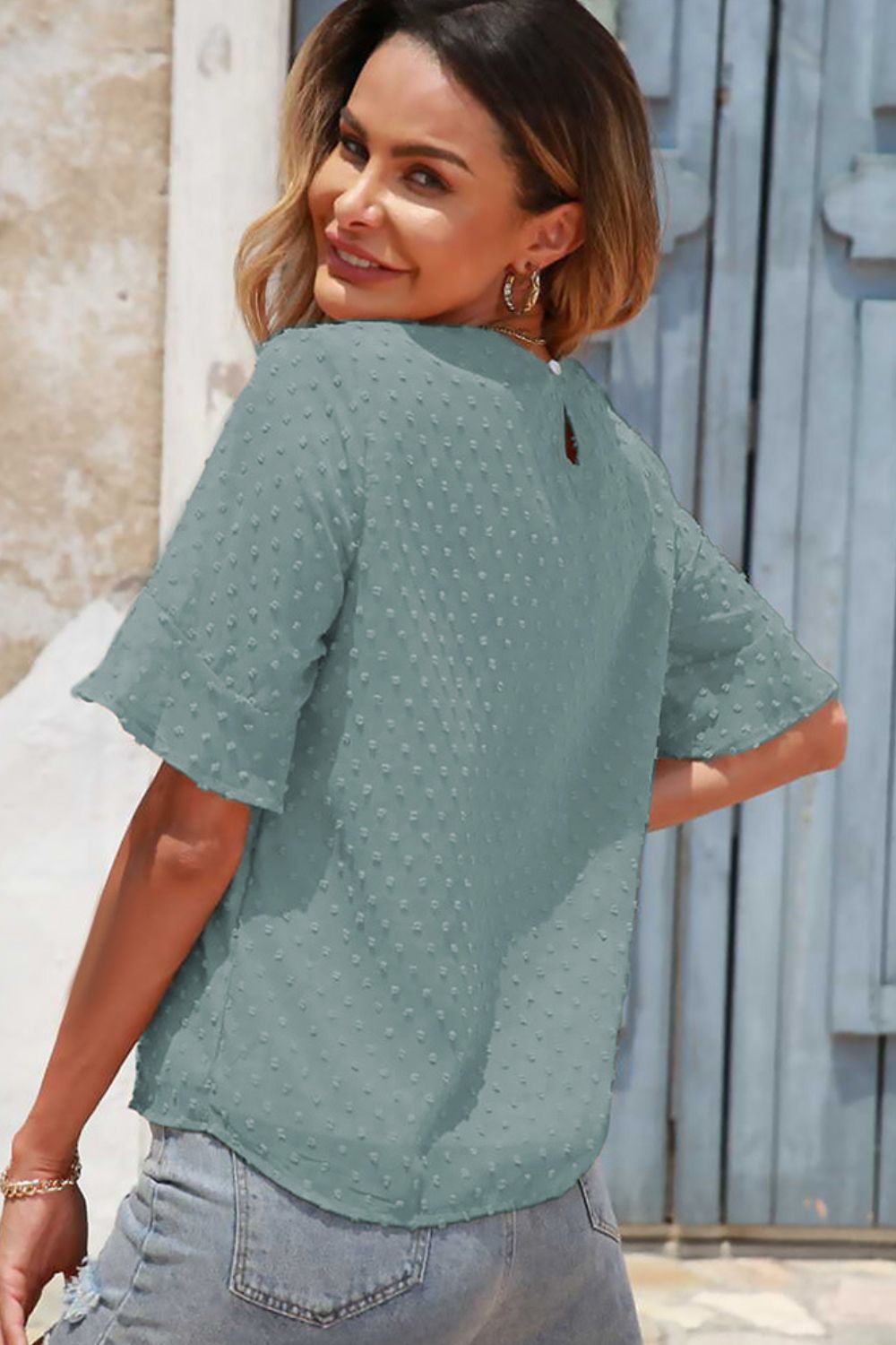 Swiss Dot Flounce Sleeve Round Neck Blouse