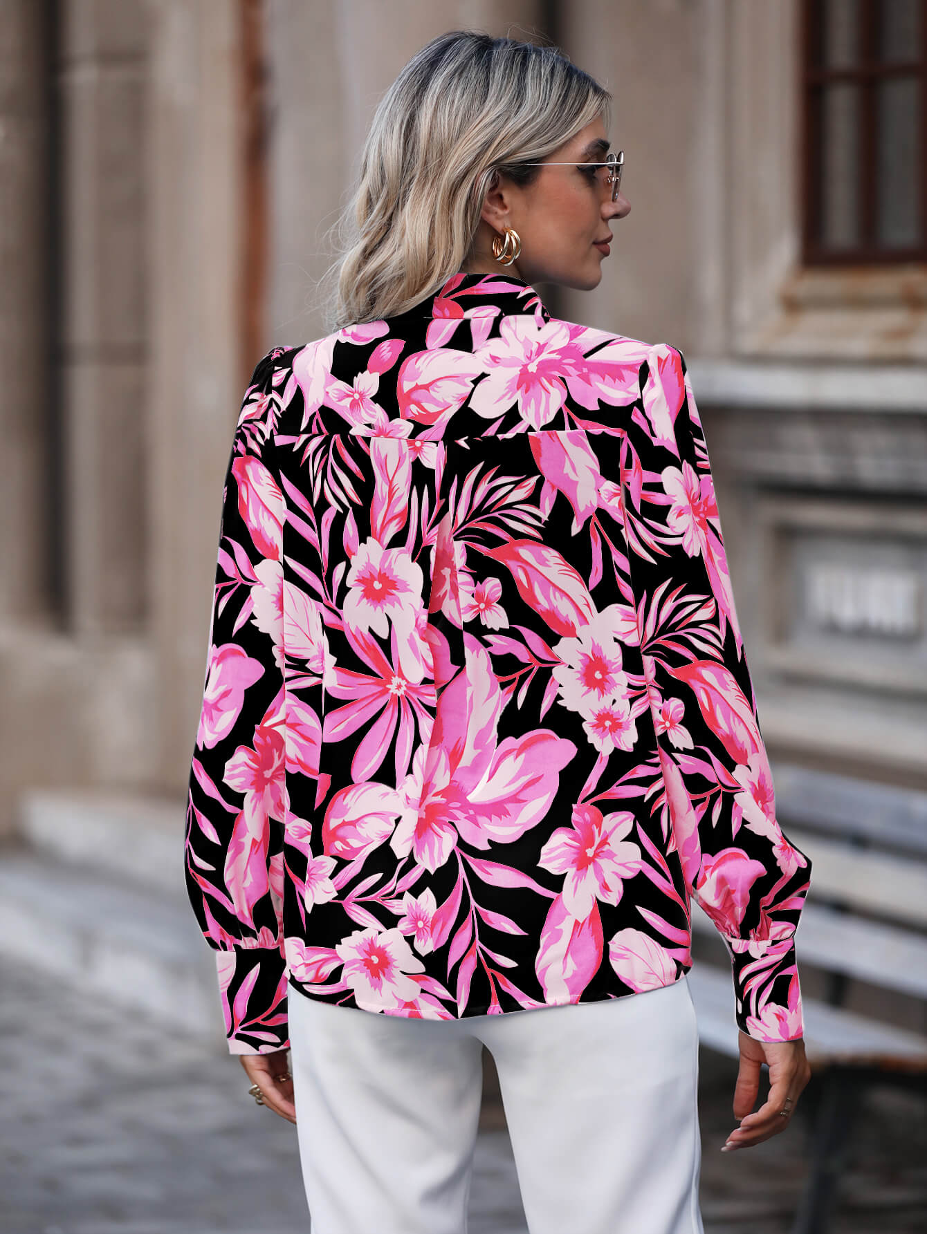 Floral Curved Hem Bishop Sleeve Shirt