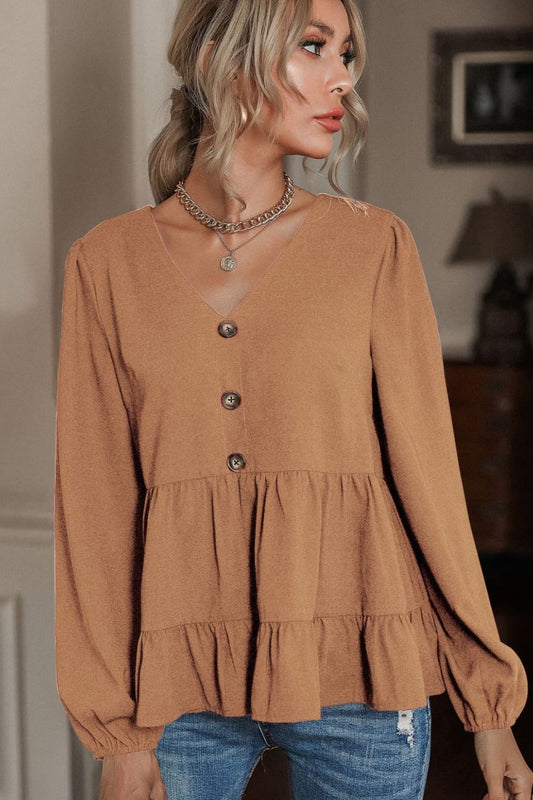 Buttoned V-Neck Puff Sleeve Tiered Blouse
