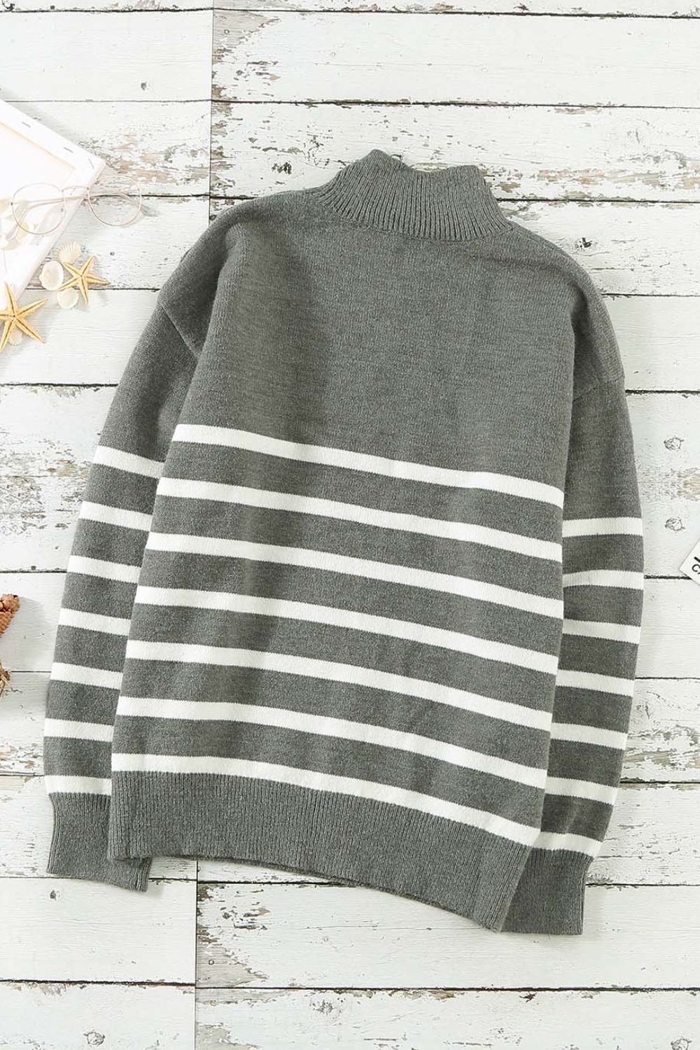 Striped Button Detail Mock Neck Sweater