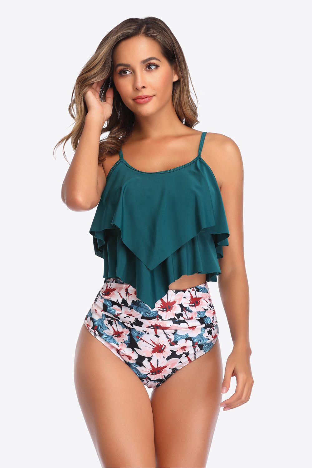 Printed Spaghetti Strap Layered Tankini Set