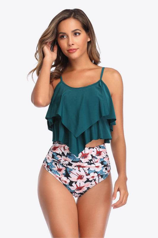 Printed Spaghetti Strap Layered Tankini Set