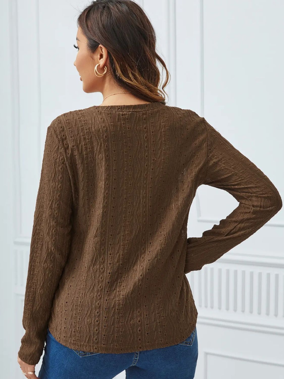 Eyelet Round Neck Long Sleeve Top
