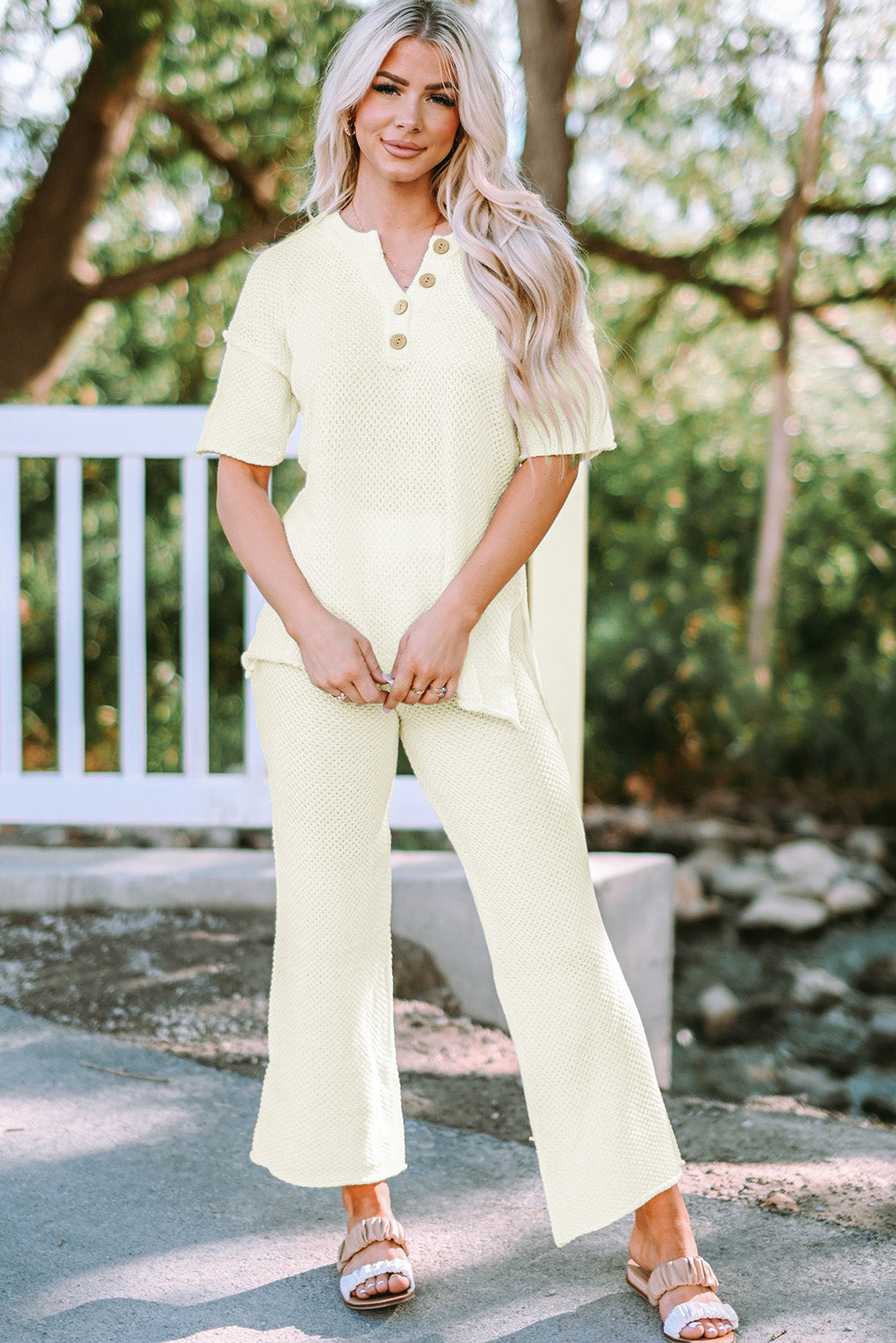 Quarter Button Knit Top and Wide Leg Pants Lounge Set