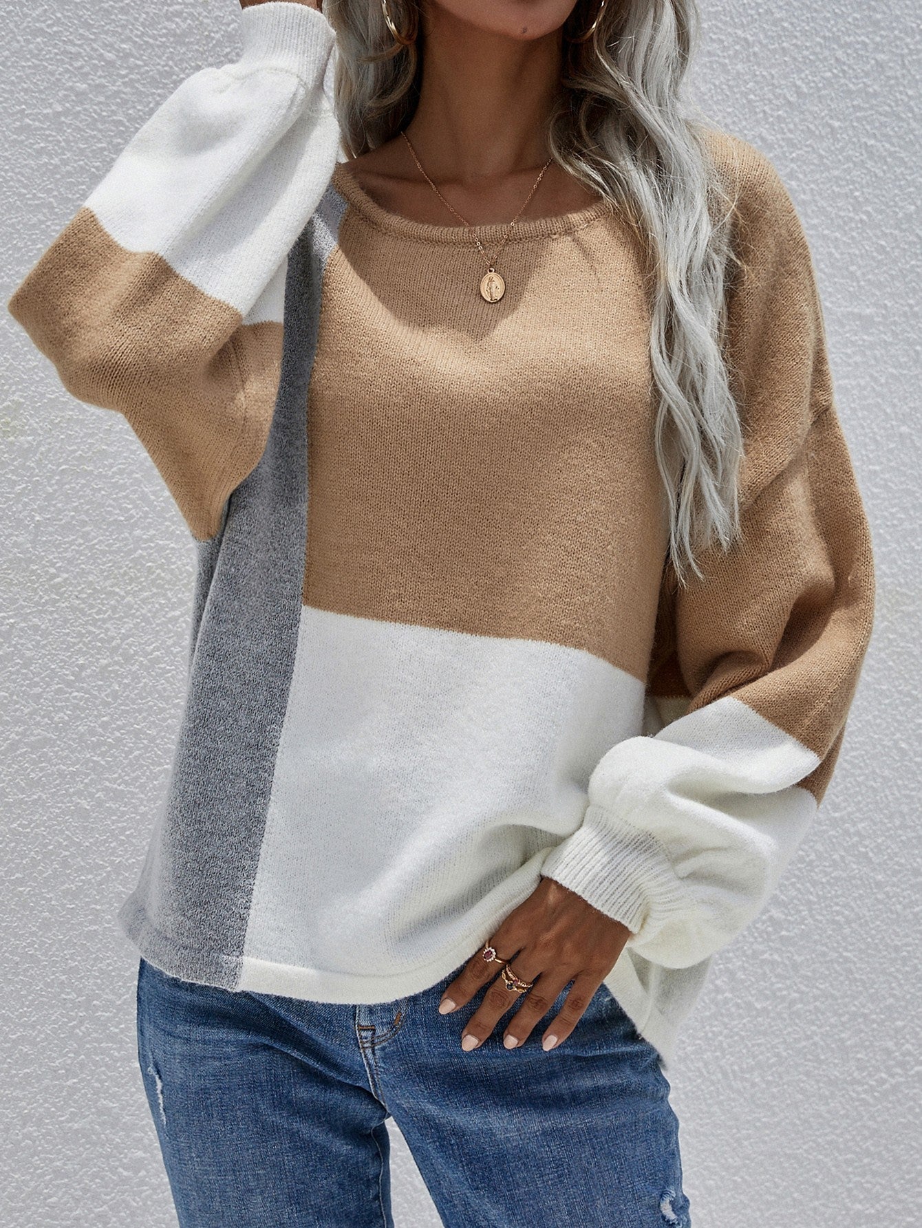 Color Block Tie-Back Dropped Shoulder Knit Pullover