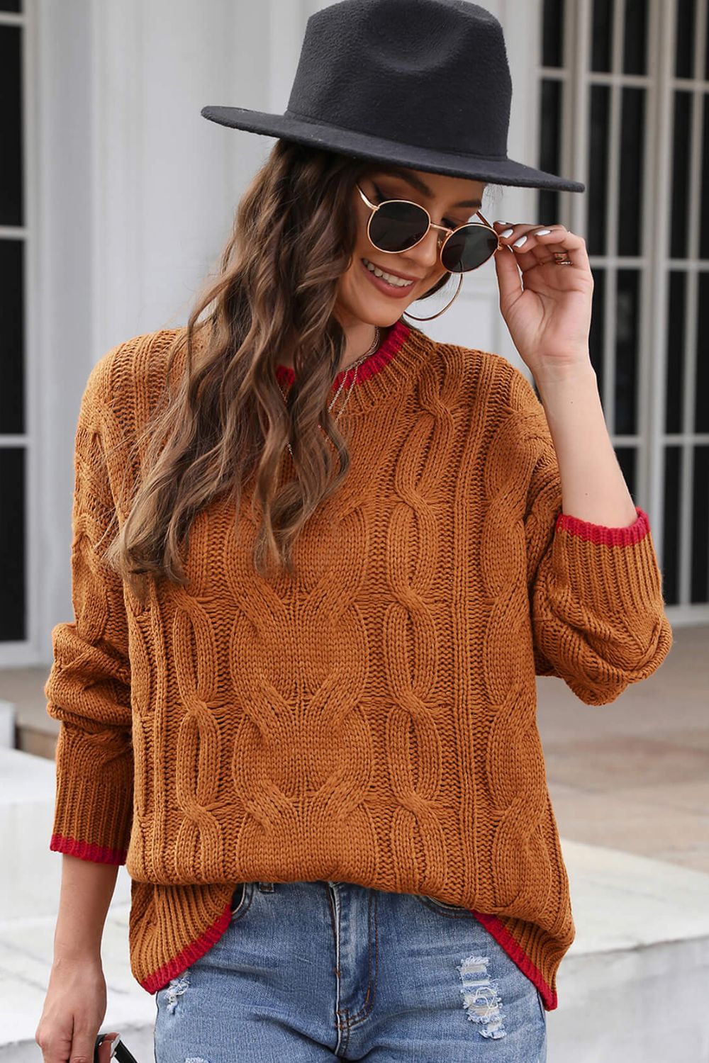 Contrast Trim Cable-Knit Sweater