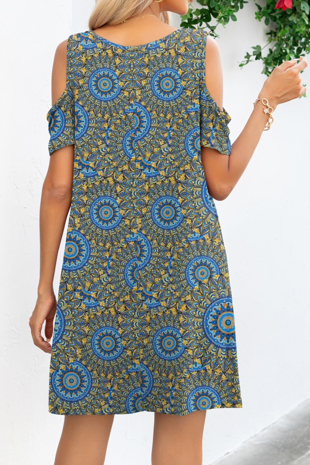 Printed Round Neck Cold-Shoulder Dress