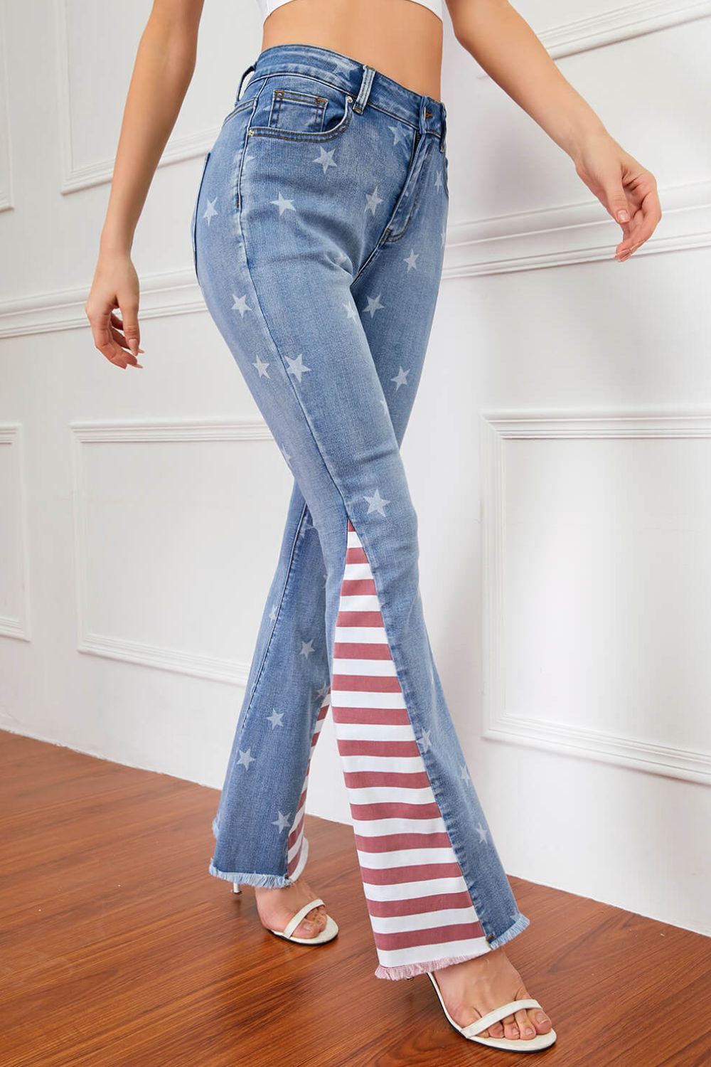 Full Size US Flag Frayed Hem Flare Jeans